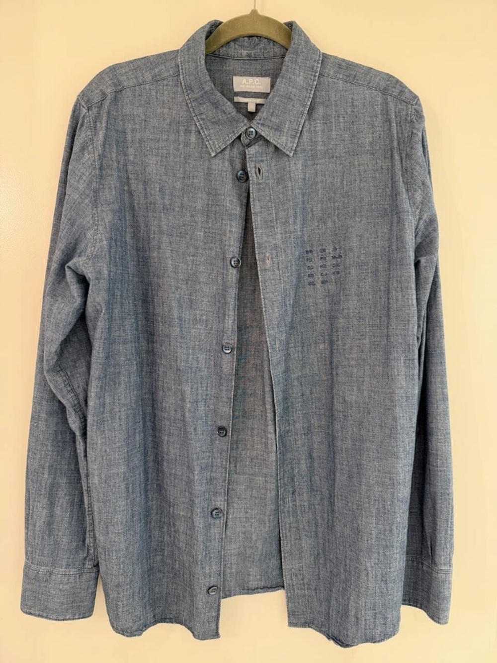 A.P.C. blue chambray/linen-blend button-up overshirt